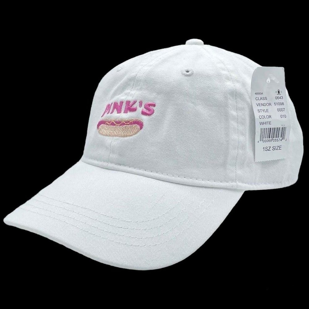 NEW Pink's Hot Dogs White Embroidered Brass Buckle Strapback Cotton Dad Cap Hat
